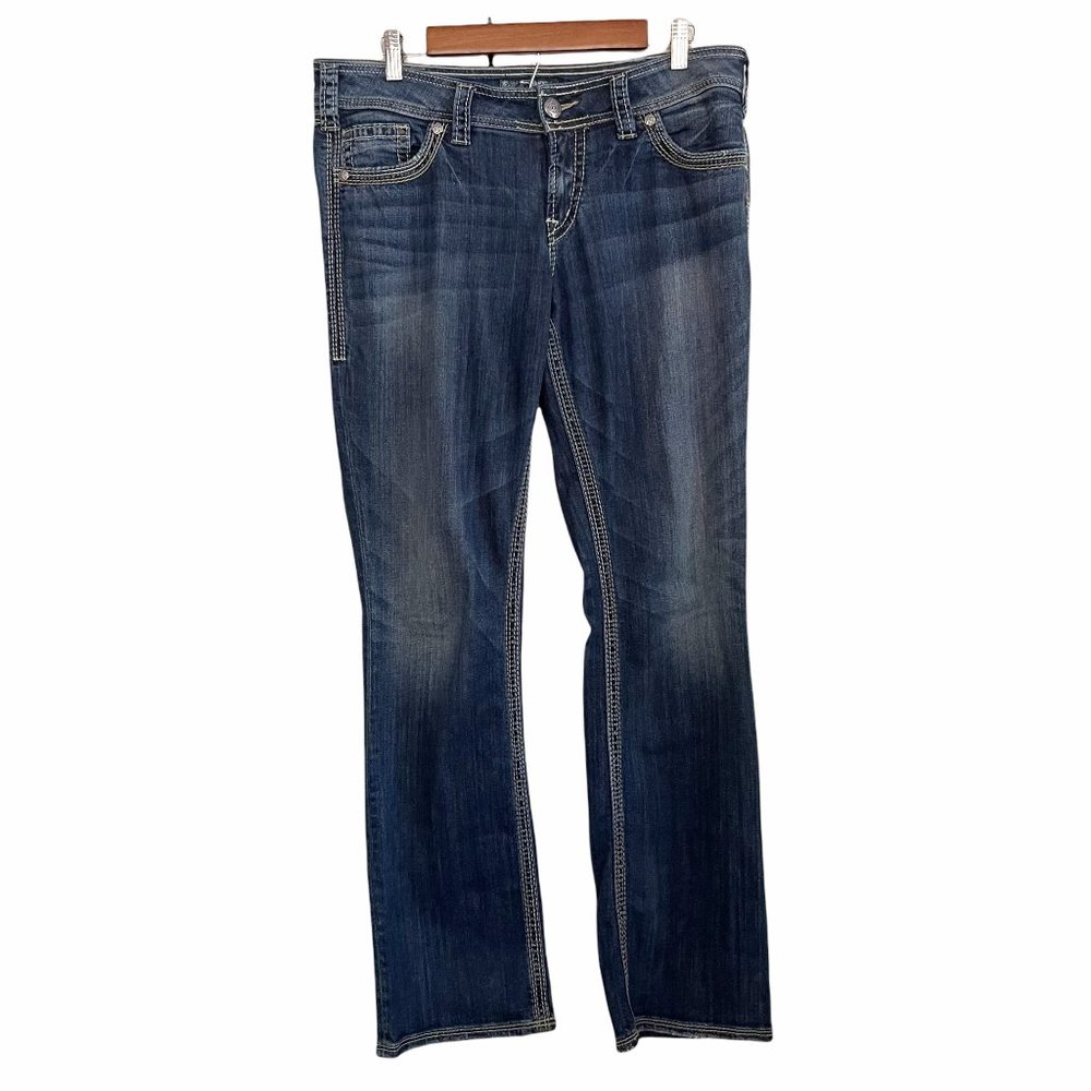 Silver Co Suki 17" Surplus Contrast Stitch Bootcut Dark Wash Jeans Size 32 33